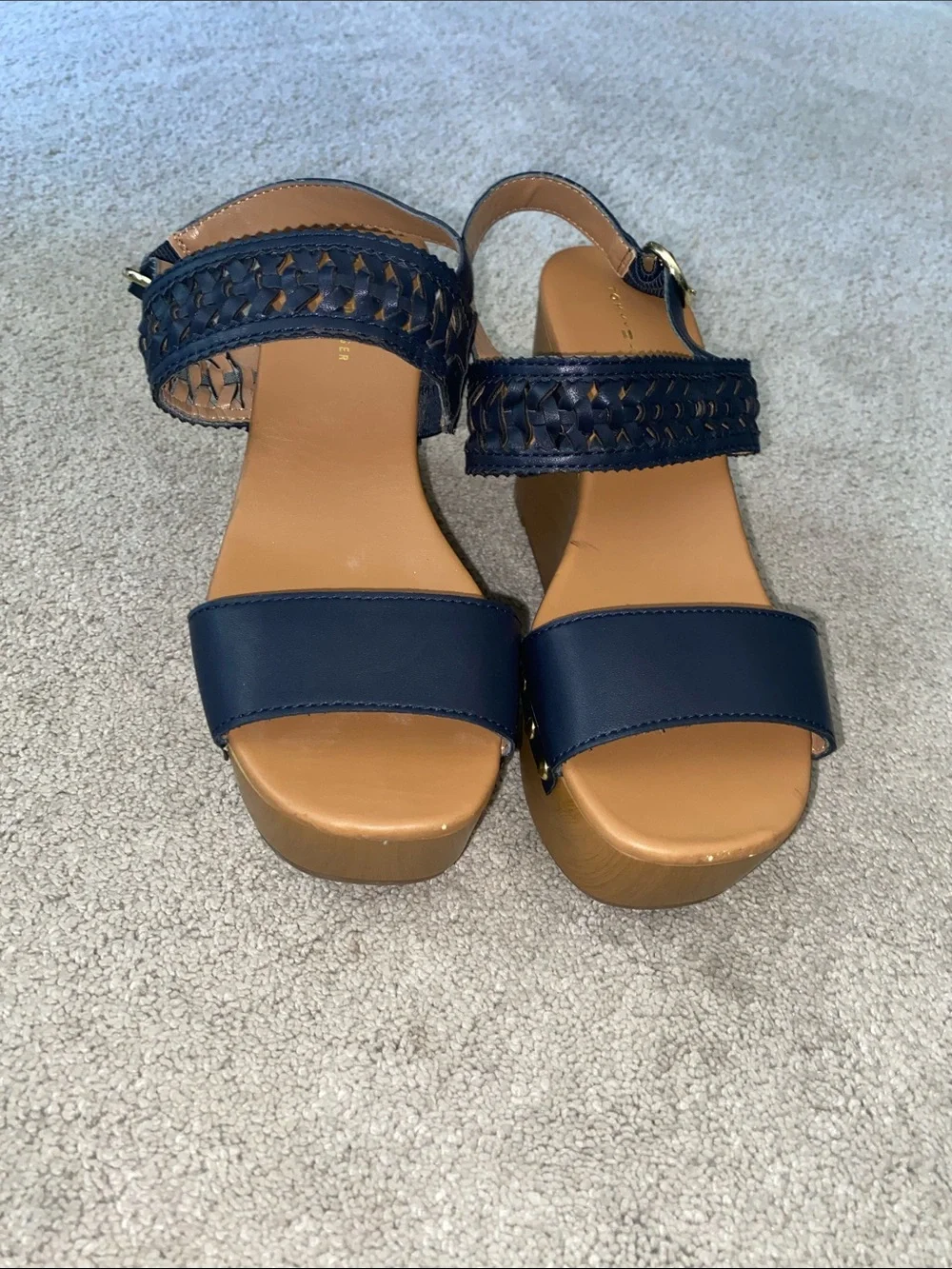 Tommy Hilfiger Platform Wedges Sandals Womens 7.5M Blue Gold Logo Strappy Boho